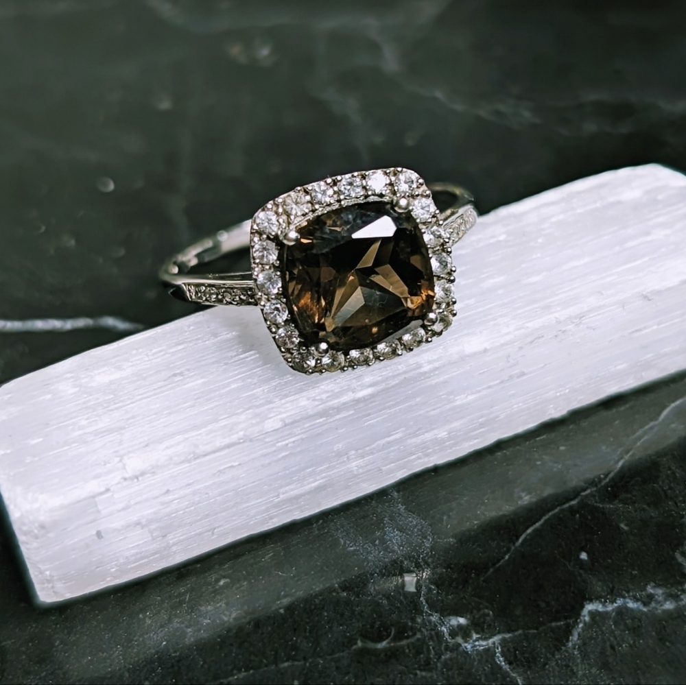 Last Chance! 10k White Gold, Cushion Cut Smokey Topaz Ring (Size 11.25)